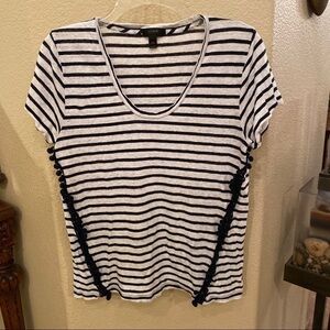 J. CREW Women Navy White Stripe Pom Pom 100% Linen Top Size Medium